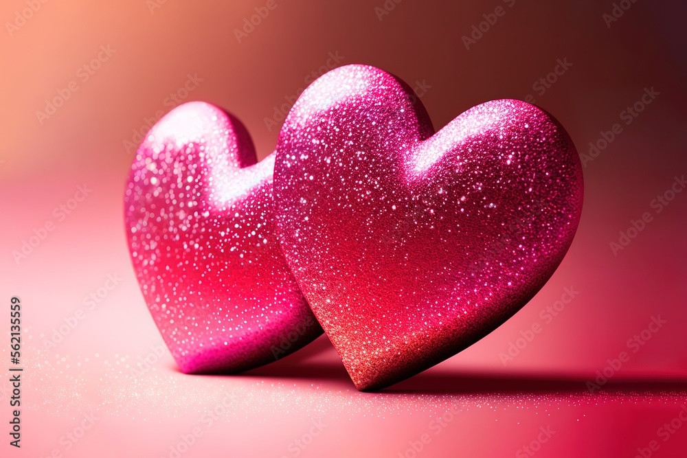 Two Hearts On Pink Glitter In Shiny Background - Valentine's Day Concept