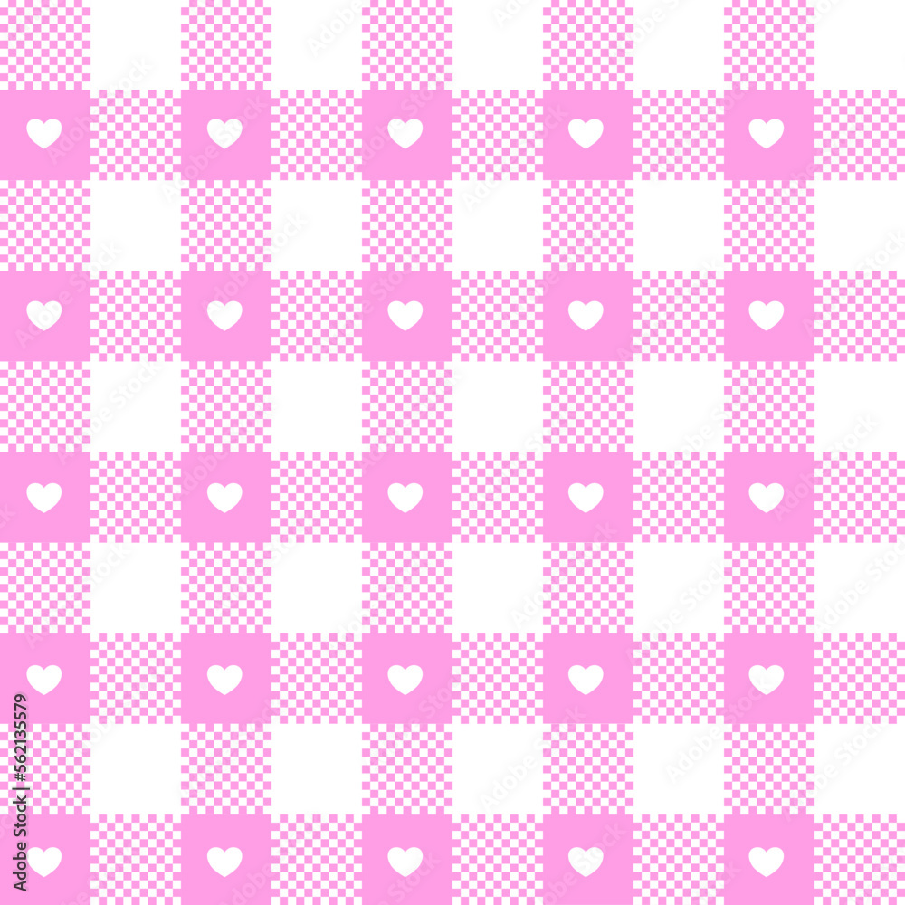 Gingham pattern for Valentines Day with white hearts in pink square shape.