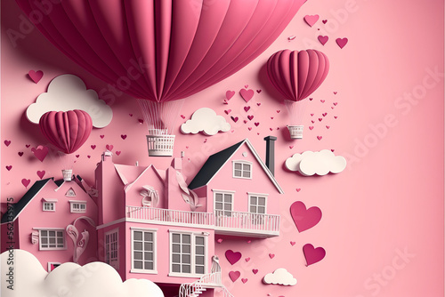 Views of the house in love with heart balloon flying on the pink sky. illustration of love and Valentine day, paper art, digital craft style, vector illustration.