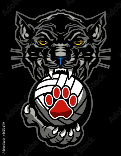 panther mascot biting volleyball for school, college or league sports