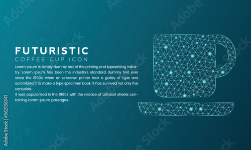 Blue futuristic coffee cup icon concept with polygon node connected dots and neon effect