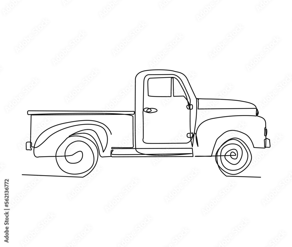 Continuous one line drawing of vintage truck. Simple retro pick up