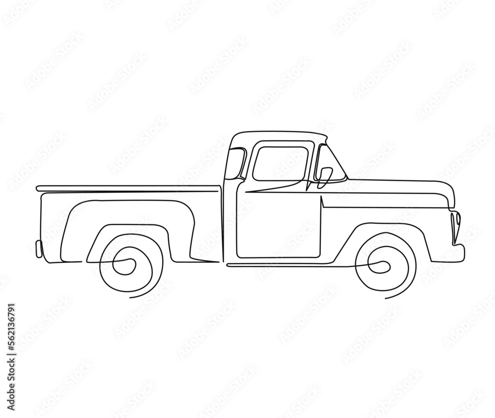 Continuous one line drawing of vintage truck. Simple retro pick up truck line art vector illustration.