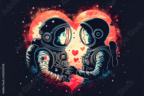 Astronaut couple in love on a valentines day date in space, generative ai