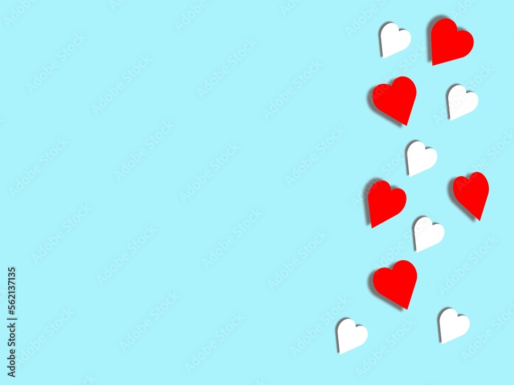 Valentine's Day background. White and red hearts on pastel blue background. Valentines day concept. 