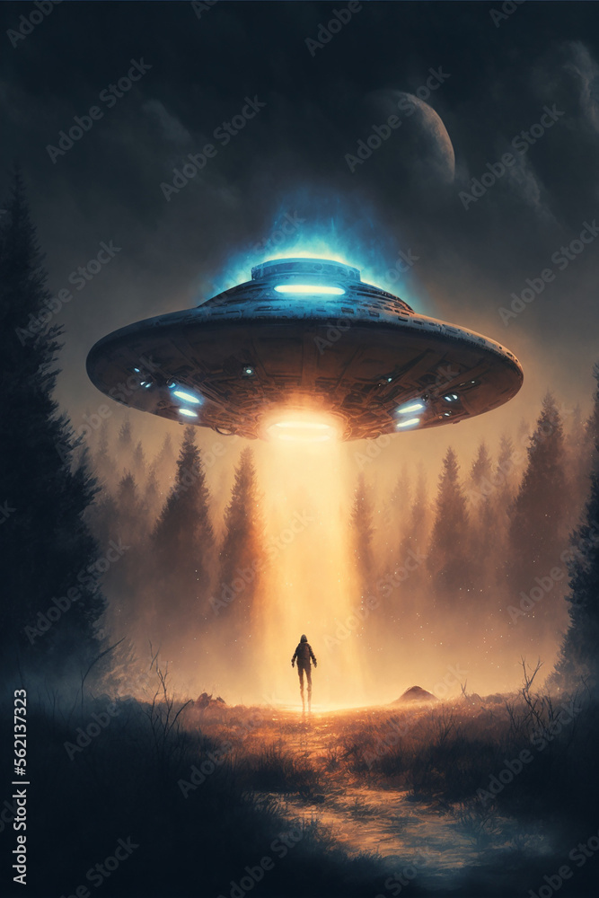 Flying saucer UFO abduction scene Flying saucer UFO abduction scene
