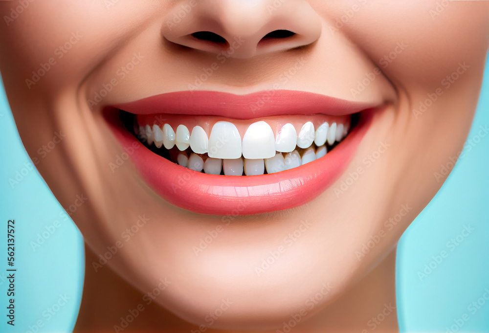 Beautiful wide smile of young woman with great healthy white teeth. Generative AI Art.