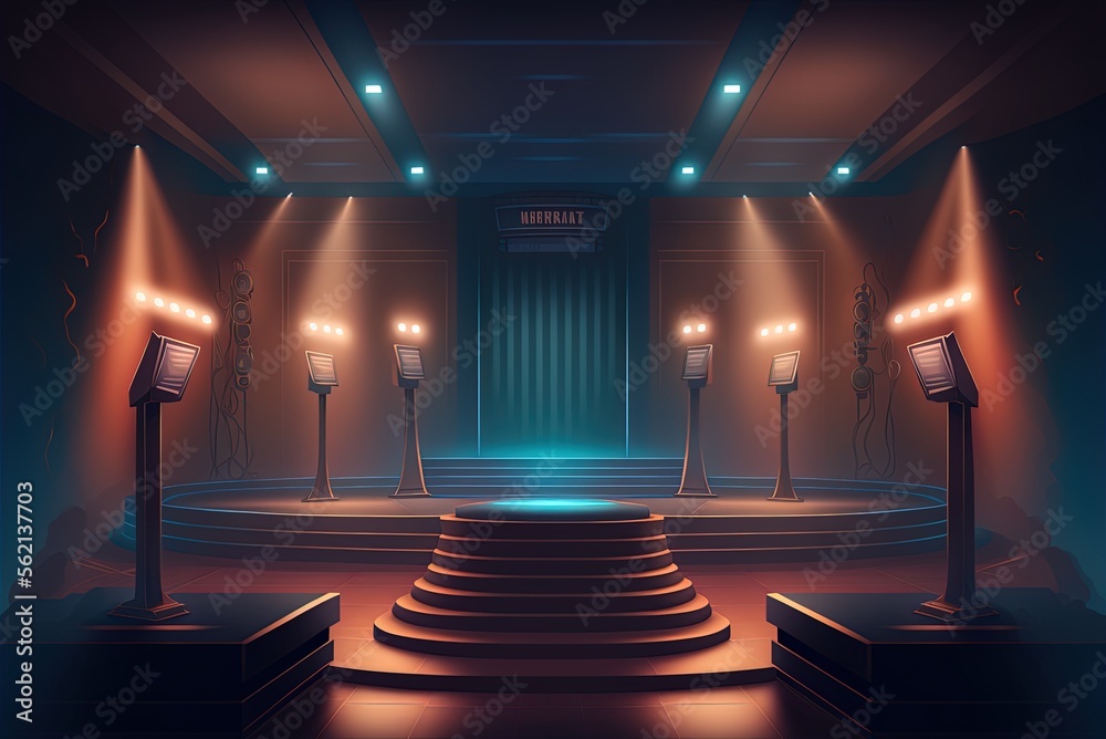 Scene from a quiz show, complete with seating for spectators and bright