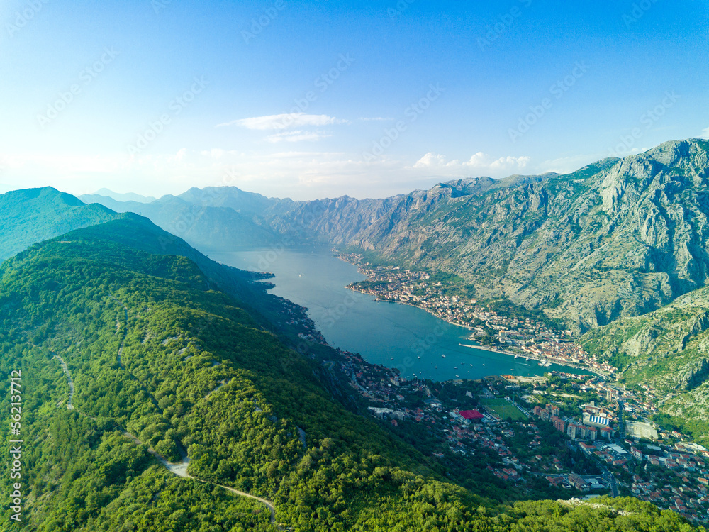 Bay of Kotor with beaches and hotels and the Adriatic Sea against the backdrop of sunny sky