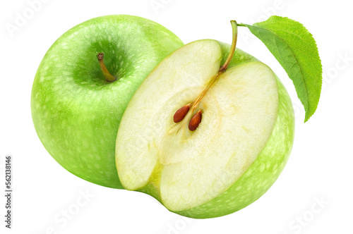 Halved green apples cut out