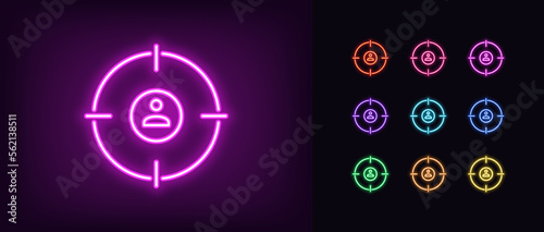 Outline neon human target icon set. Glowing neon aim scope frame with user person sign, employer find and headhunter pictogram. Target customer and audience, job seeker, client search.