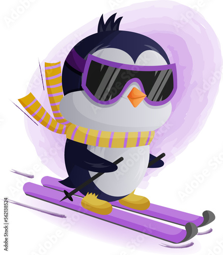 cartoon penguin skiing with cute glitter eyes