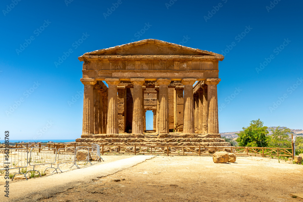 Agrigento, Sicily, Italy - July 12, 2020: Greek ruins of Concordia Temple in the Valley of Temples near Agrigento in Sicily
