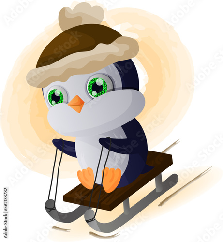 cartoon penguin on a sled with cute glitter eyes