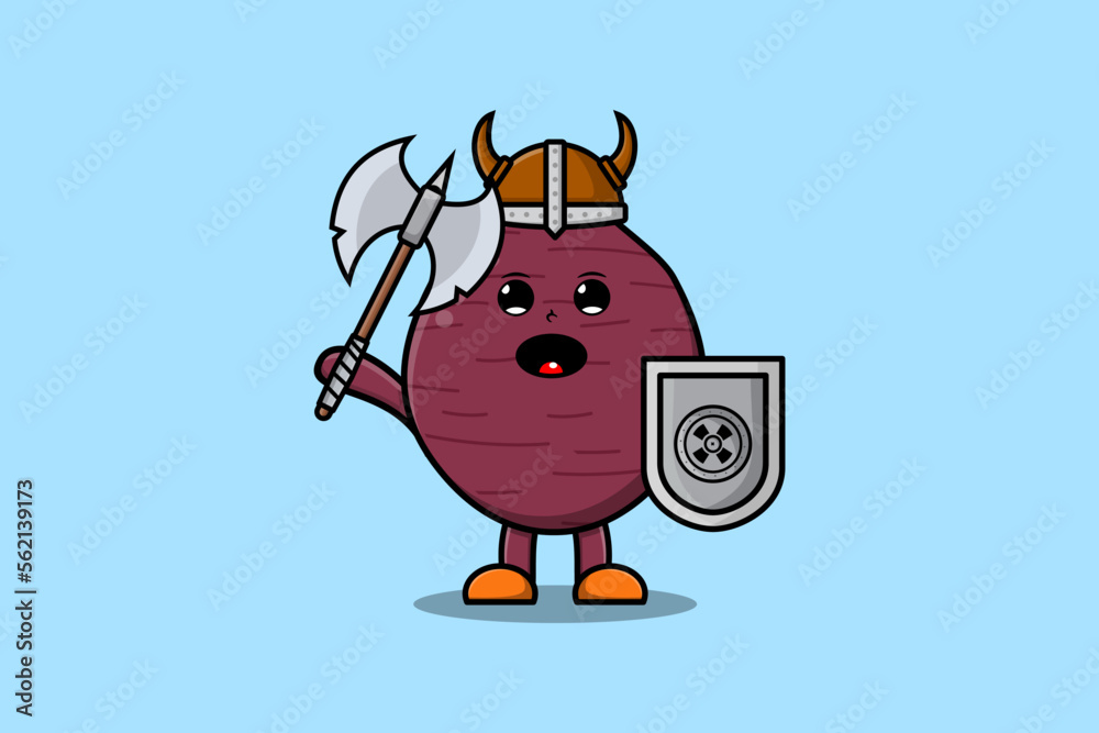 Cute cartoon character Sweet potato viking pirate with hat and holding sword and shield illustration Cute cartoon character Sweet potato viking pirate with hat and holding sword and shield illustration