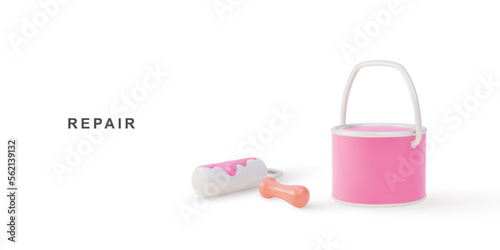 3d realistic Paint roller brush, Paint brush and paint cans. Vector illustration.