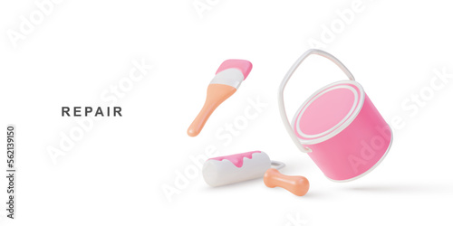 3d realistic Paint roller, Paint brush and paint cans. Vector illustration.