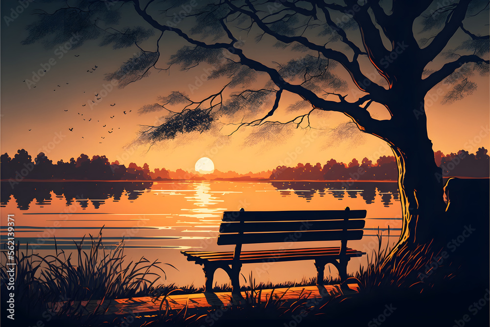 Empty park bench facing lake at sunset - AI-generated illustration
