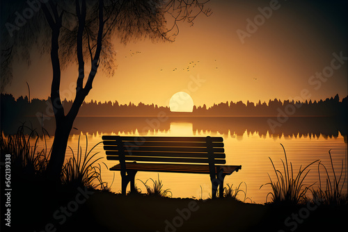 Empty park bench facing lake at sunset - AI-generated illustration 