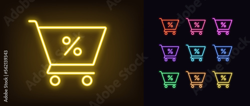 Outline neon shop cart icon set. Glowing neon shopping trolley with percentage sign, discount offer and sale pictogram. Online shopping, discount price, benefit purchase and saving.