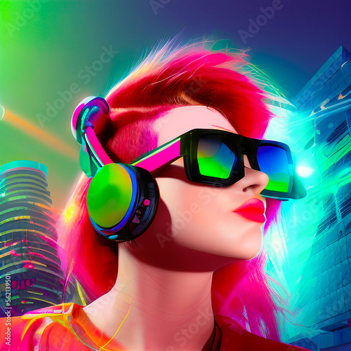 Illustration of young woman with pink hair wearing colorful headphones and sunglasses immersed in neon nighttime cityscape. Cyberpunk concept, synthwave digital art. Made with Generative AI. © Leigh Trail
