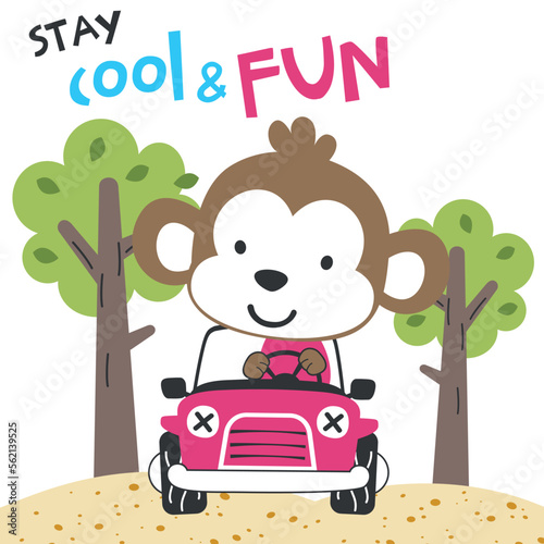 Vector illustration of funy monkey driving the red car. Funny background cartoon style for kids. Little adventure with animals on the road for nursery design  cartoon tshirt art design.