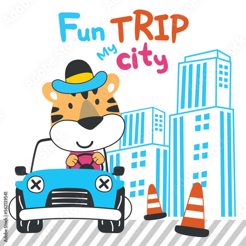 Vector illustration of funy tiger driving the red car. Funny background cartoon style for kids. Little adventure with animals on the road for nursery design, cartoon tshirt art design.