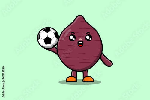 Cute cartoon Sweet potato character playing football in flat cartoon style illustration