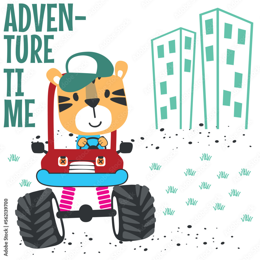 Vector illustration of monster truck with little tiger driver. Can be used for t-shirt print, kids wear fashion design, invitation card. fabric, textile, nursery wallpaper and other decoration. Vector illustration of monster truck with little tiger driver. Can be used for t-shirt print, kids wear fashion design, invitation card. fabric, textile, nursery wallpaper and other decoration.