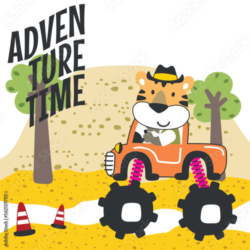 Vector illustration of monster truck with little tiger driver. Can be used for t-shirt print  kids wear fashion design  invitation card. fabric  textile  nursery wallpaper and other decoration.