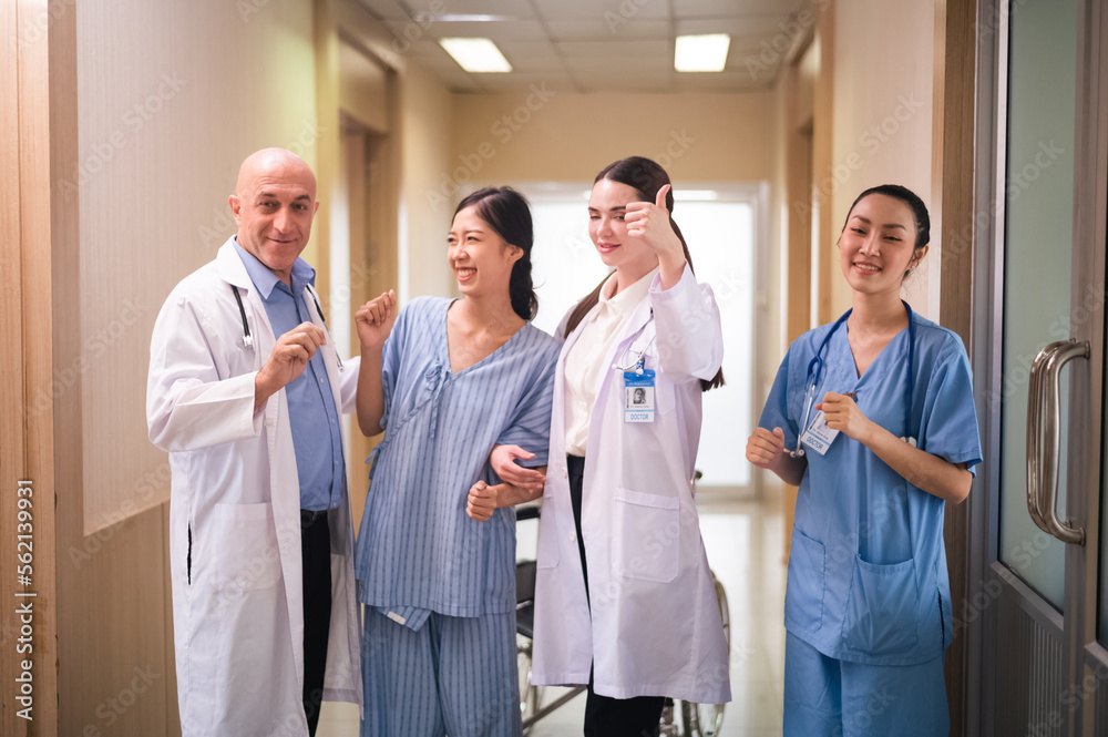 Team doctor nurse happy in hospital background, health insurance life insurance concept Team doctor nurse happy in hospital background, health insurance life insurance concept