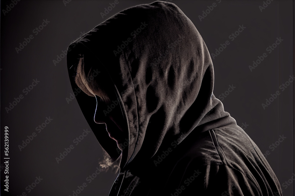 faceless person wearing black hoodie hiding face in shadow, mystery crime conspiracy concept