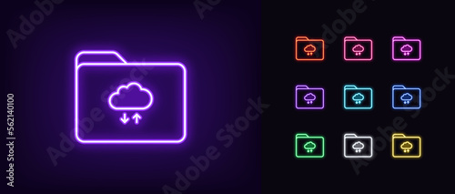 Outline neon file folder icon set. Glowing neon folder frame with cloud data update arrows. Remote backup folder, cloud storage and network repository for digital document exchange.