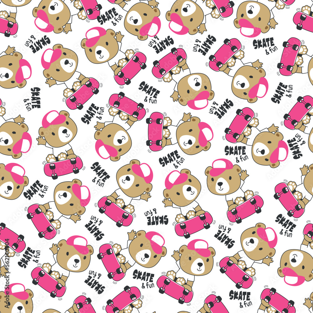 Seamless pattern with cute little bear on skate board, For fabric textile, nursery, baby clothes, background, textile, wrapping paper and other decoration.