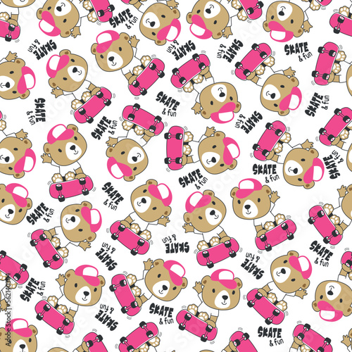 Seamless pattern with cute little bear on skate board  For fabric textile  nursery  baby clothes  background  textile  wrapping paper and other decoration.