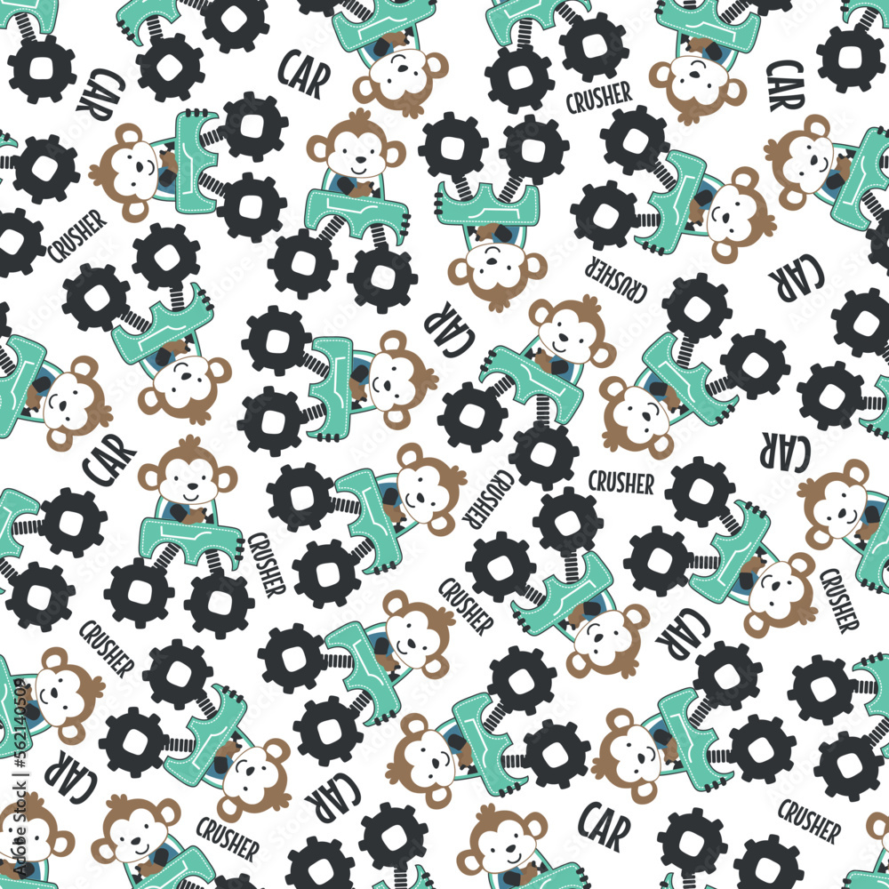 Seamless pattern vector of monster truck with little monkey driver. Creative vector childish background for fabric textile, nursery background, baby clothes, wrapping paper and other decoration.