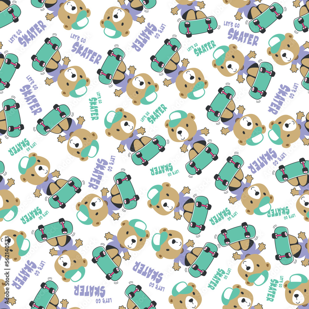 Seamless pattern with cute little bear on skate board, For fabric textile, nursery, baby clothes, background, textile, wrapping paper and other decoration. Seamless pattern with cute little bear on skate board, For fabric textile, nursery, baby clothes, background, textile, wrapping paper and other decoration.