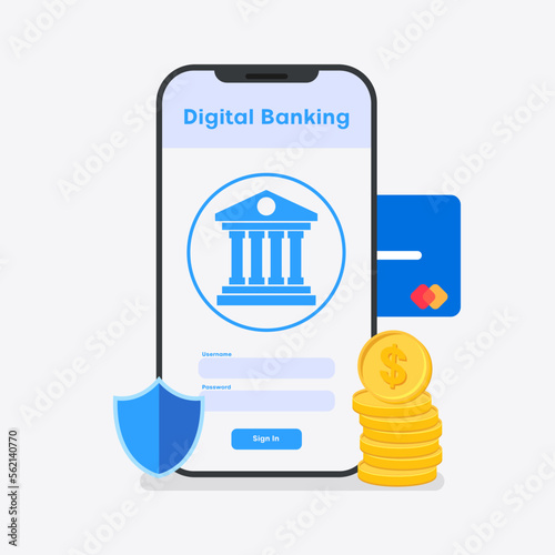 Online banking application layout. Mobile banking app sign in. Secure payment. Vector illustration.