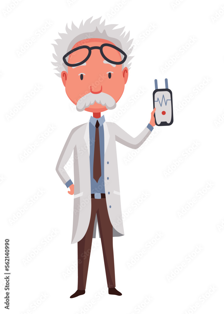Old scientist shows electrical appliance. Funny moustached character wearing glasses and lab coat. Discovery in science. Vector illustration in cartoon style