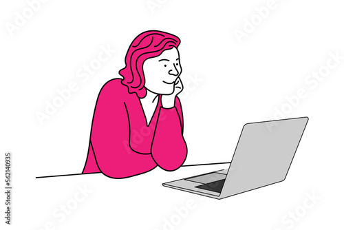 Illustration of a happy girl laptop use lineart vector design white background