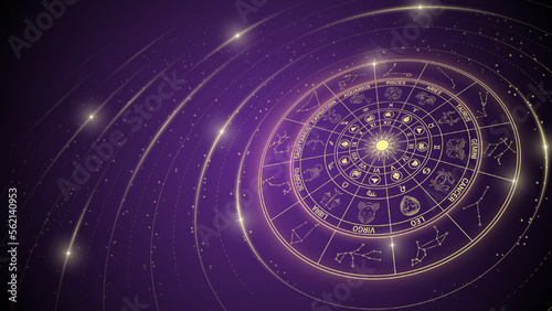 Wheel of Twelve-Sign Stellar Constellation of Zodiac, Glowing Ray of Star Light in Space, Horoscope and Astrology Concept Element for Fortune-Telling, Stellar Backdrop Background Vector Illustration. photo