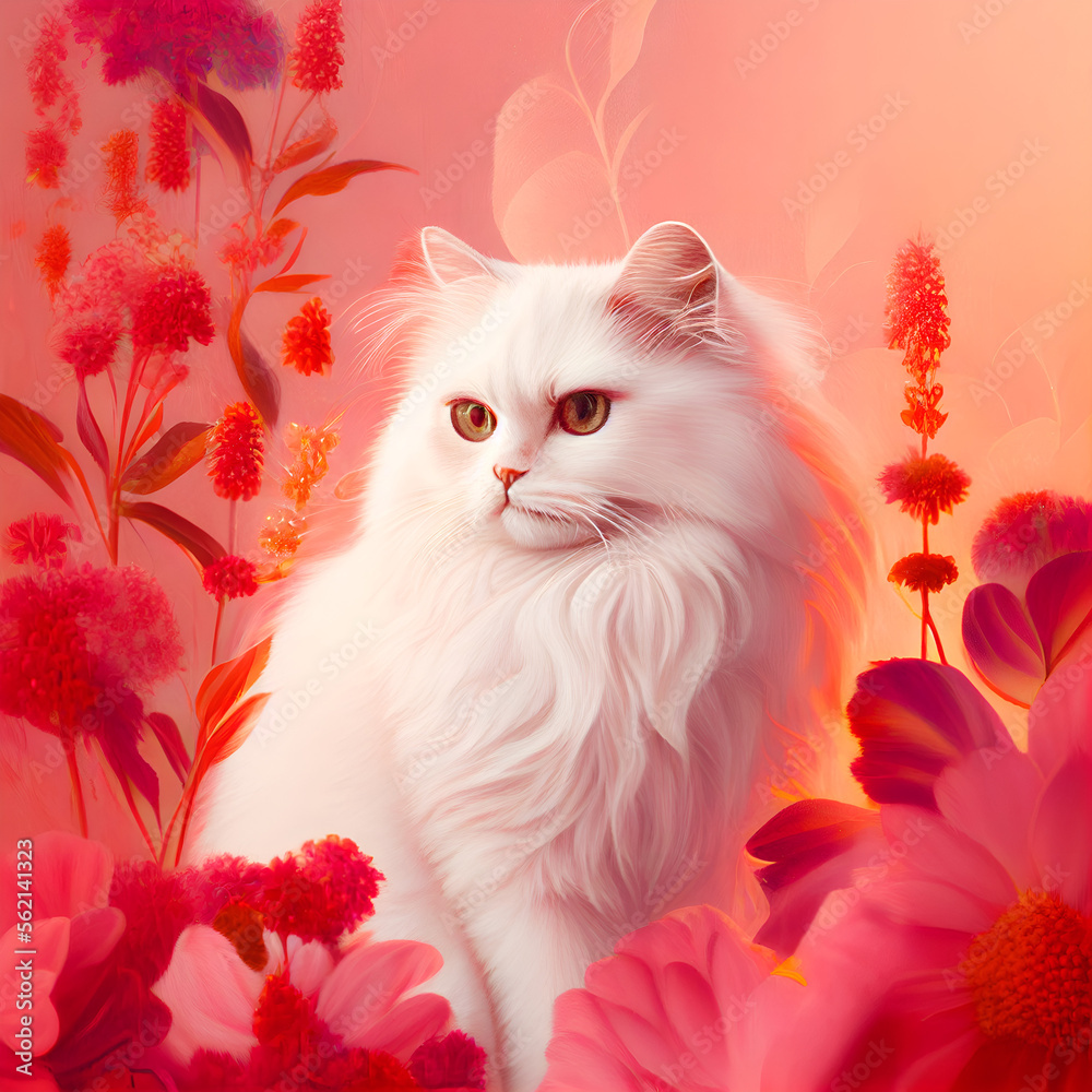 White furry cat with beautiful flowers