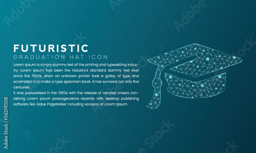 Blue futuristic graduation hat icon concept with polygon node connected dots and neon effect