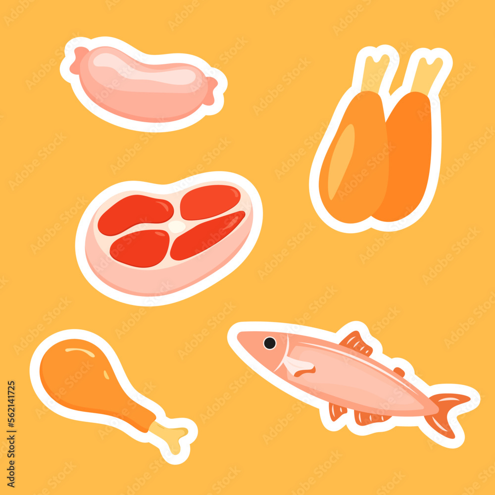 Set assorted food. Ingredients for cooking. Fish, meat, turkey, chicken, sausage. Flat style. Cute stickers.