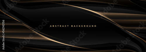 Elegant black and gold wide luxury abstract background with golden lines and ribbons. Vector illustration