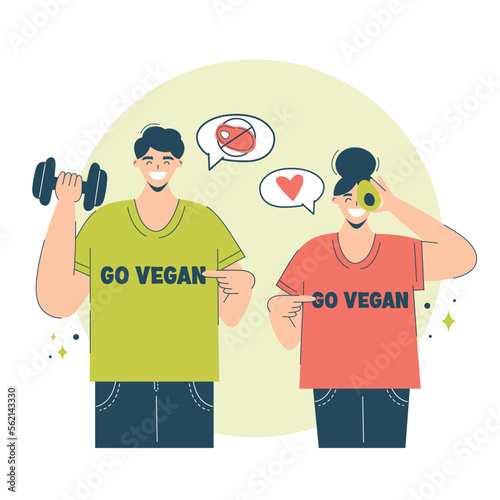 Happy couple chooses veganism and vegetables. Concept vegetarian diet happy couple in T-shirts go vegan encourages others to choose vegetarianism