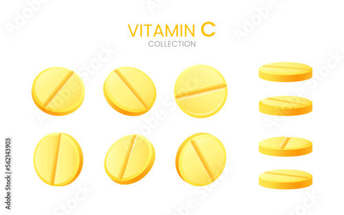 Set of realistic pills. Effervescent soluble drugs. Vitamin C soluble tablets with lemon flavor. Collection of vitamin complex, medical and healthcare concept. Round yellow pills with fruit flavor.