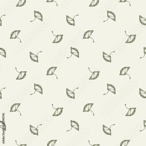 Graduate hat engraved seamless pattern. Vintage element education in hand drawn style. Sketch texture for fabric, wallpaper, textile, print, title, wrapping paper. Vector illustration.