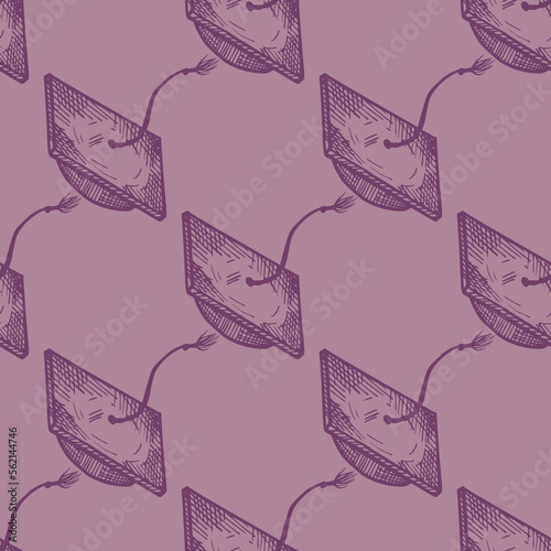 Graduate hat engraved seamless pattern. Vintage element education in hand drawn style. Sketch texture for fabric, wallpaper, textile, print, title, wrapping paper. Vector illustration.