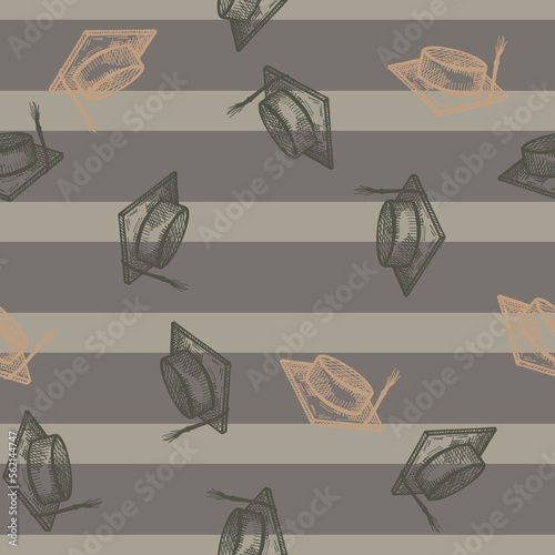 Graduate hat engraved seamless pattern. Vintage element education in hand drawn style. Sketch texture for fabric, wallpaper, textile, print, title, wrapping paper. Vector illustration.